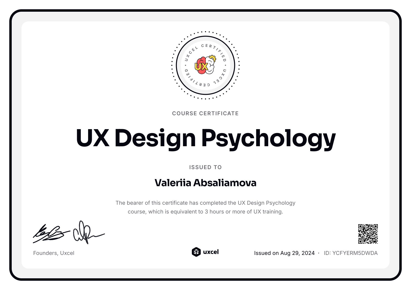 Valeriia Absaliamova's certificate